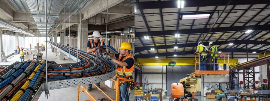 Instalación de charolas y cableado en una nave industrial
